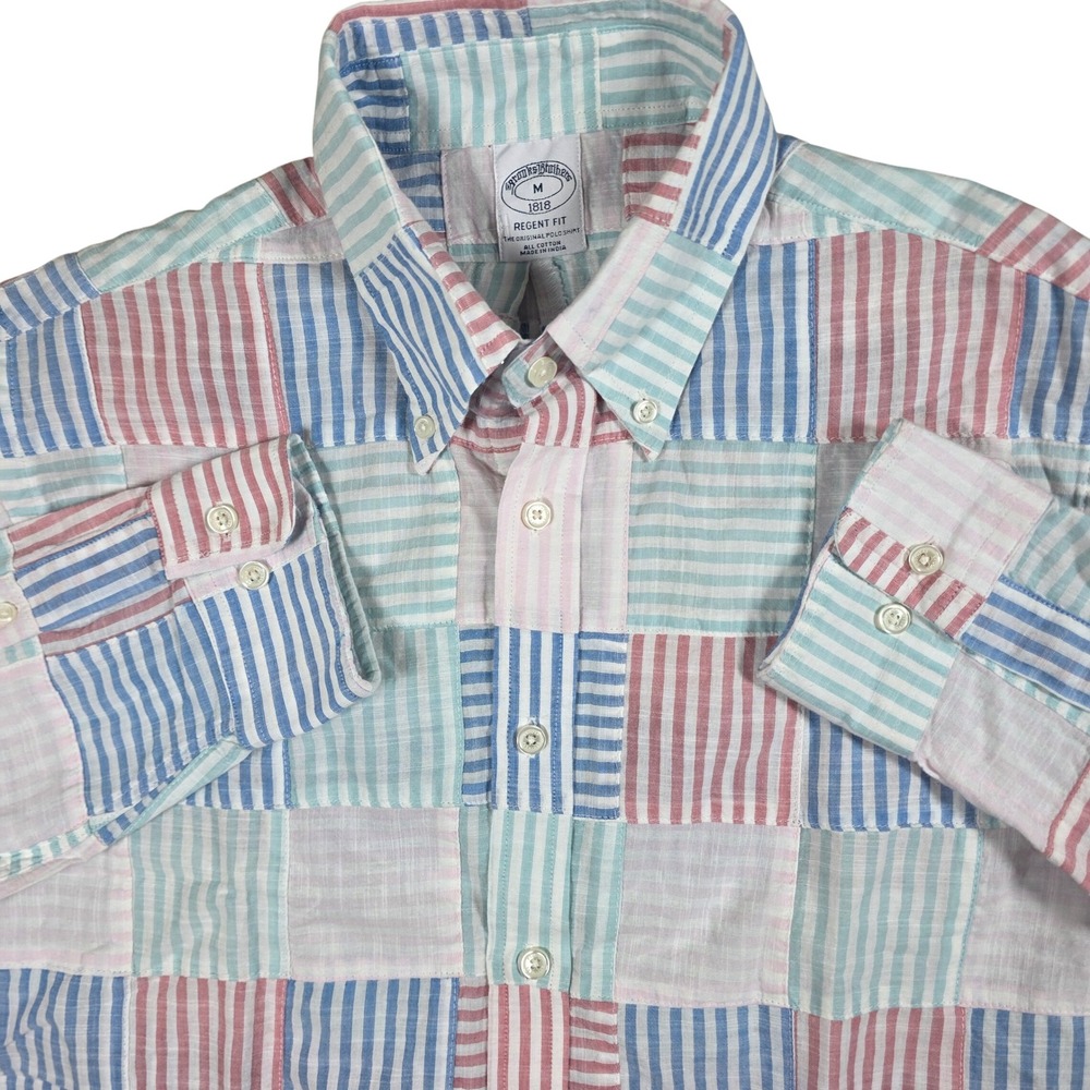 Brooks Brothers Regent Fit Patchwork Multi-Stripe   Seersucker Shirt sz M